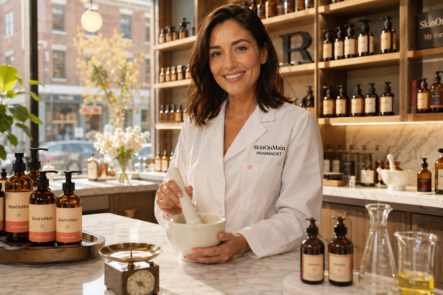 Pharmacist compounding a formula at the marble bench